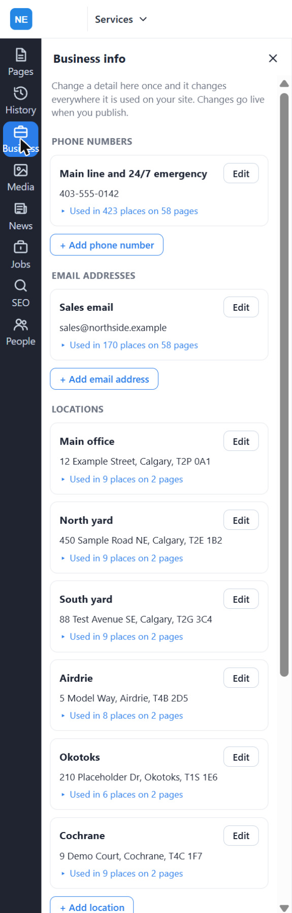 The Business info panel