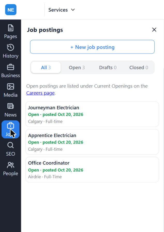 The Job postings panel